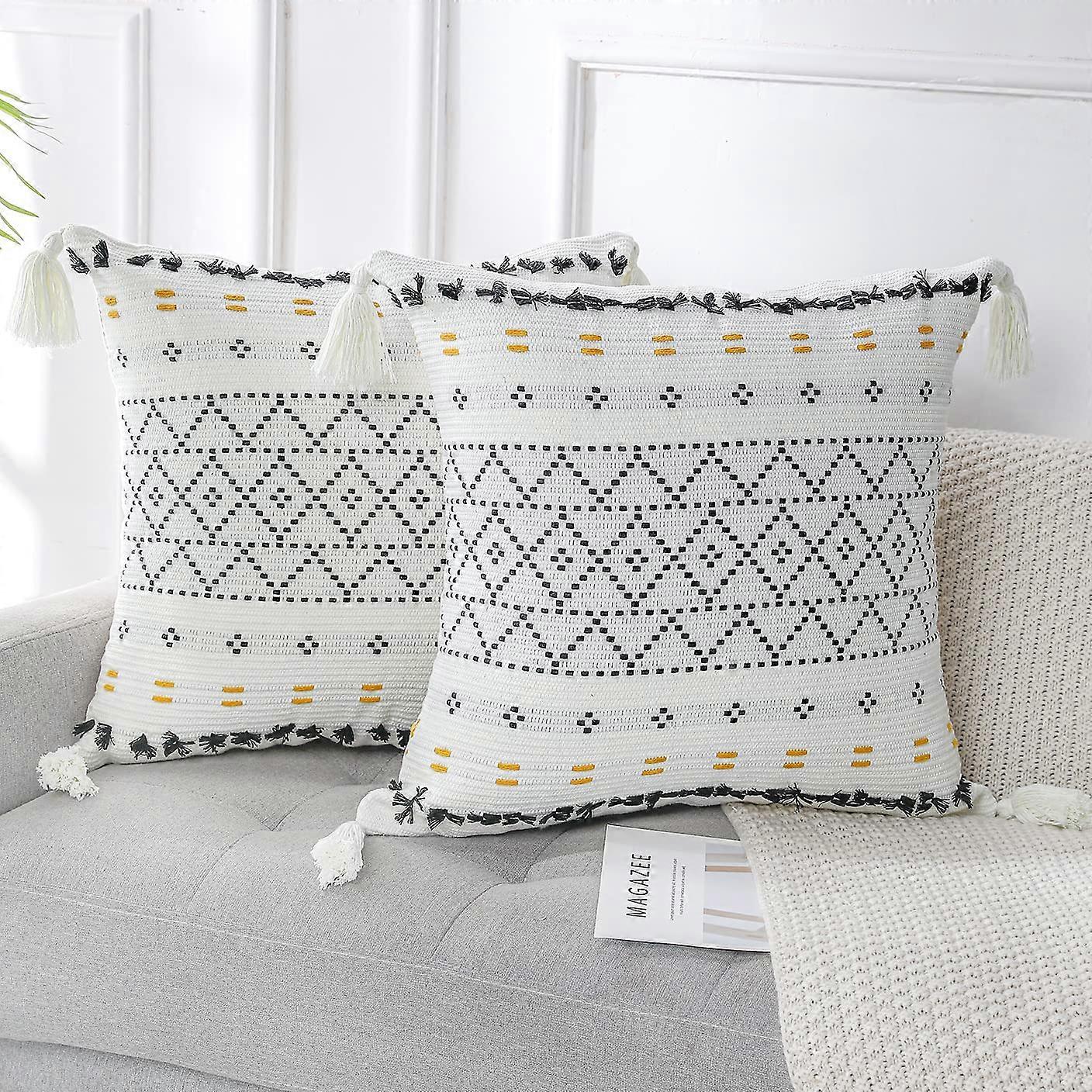 2 Pack Knitted Boho Throw Pillow Covers Neutral Cotton Hand-Woven Tufted Decorative Tassel Hug Square for Couch Sofa 18x18 Inch