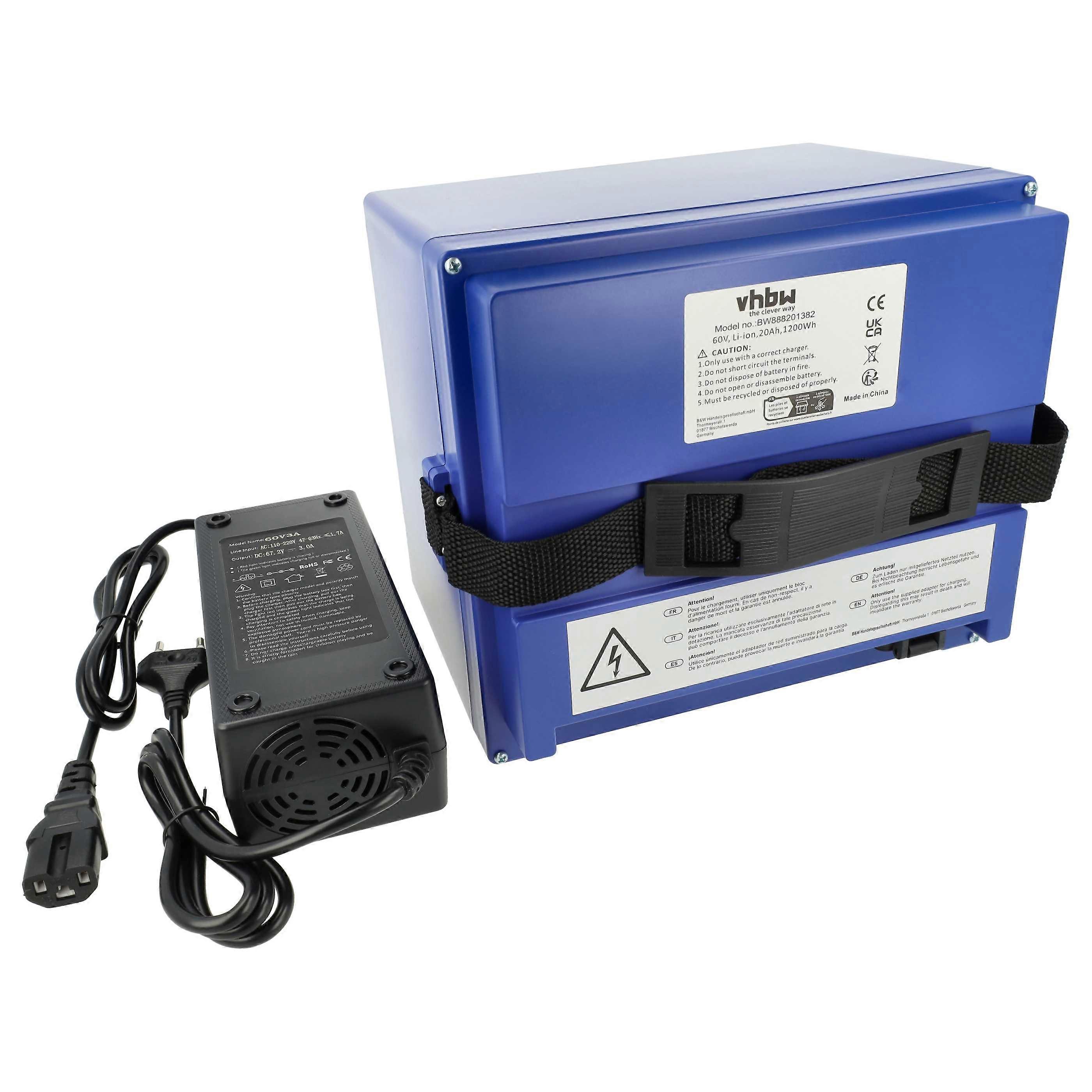 vhbw batteri för elektriska rullstolar, e-skotrar, e-skotrar, e-cyklar, båtar etc. (20 Ah, 60 V, Li-Ion, inkl. laddare)