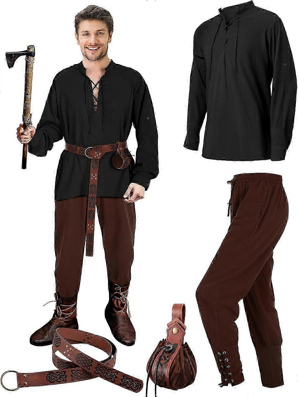 4個のハロウィーンメンズルネッサンス中世のコスチュームセットには、バイキングロングシャツゴシックパンツレザーベルトレトロコインポーチが含まれています