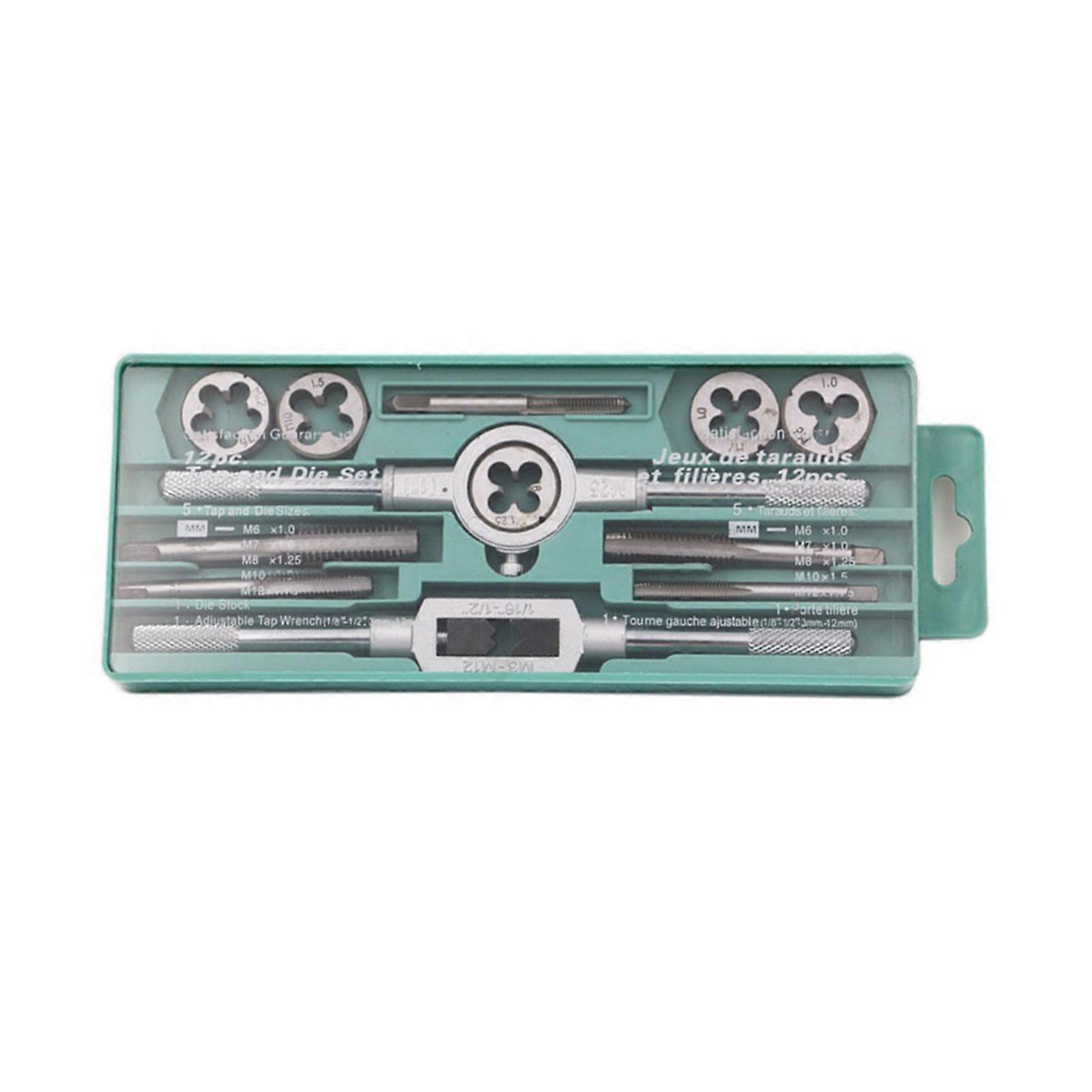 Upgraded Tap & Die Set Metric Standard Screw Nut Thread Taps Dies with Wrench Handle Hand Tool Kit 12 Pcs/set Silver