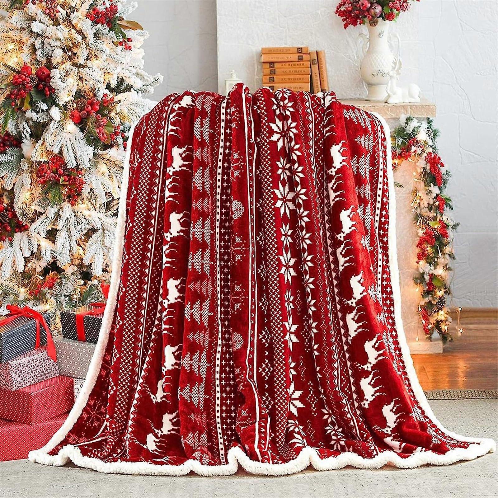 Christmas Baubles Deer Snowman Tree Print Double Thickened Sofa Blanket