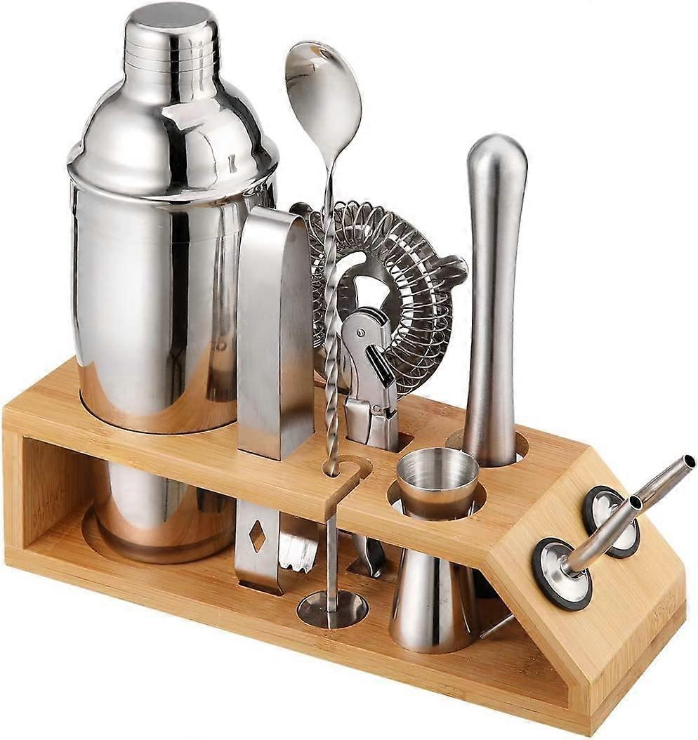Cocktail Shaker Set with Wooden Stand, 750ml Stainless Steel Bartender Tools for Home Bars and Parties