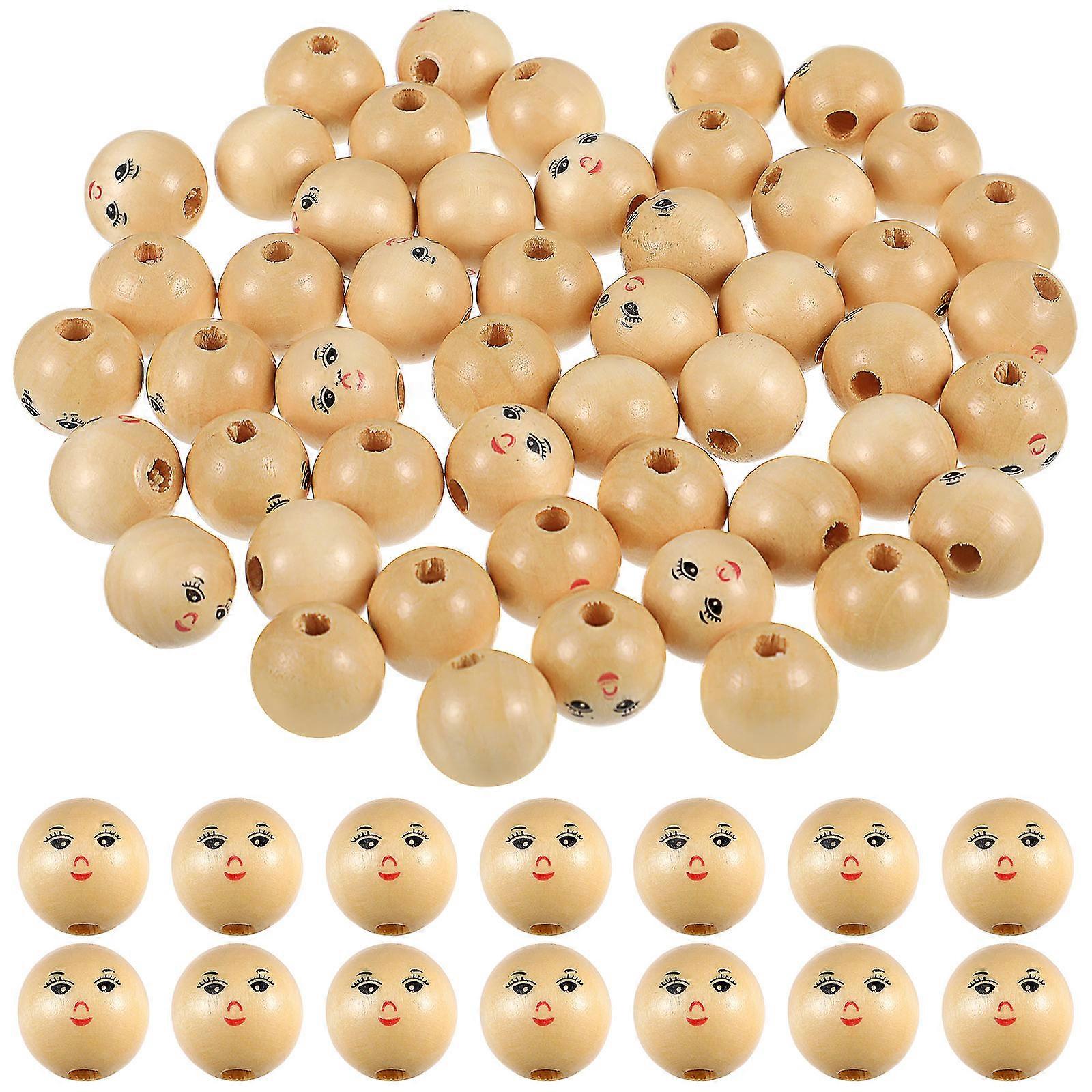 50pcs Natural Wooden Smile Face Beads with Hole for DIY Crafts, Smooth Round Beads for Jewelry Making and Macrame Projects