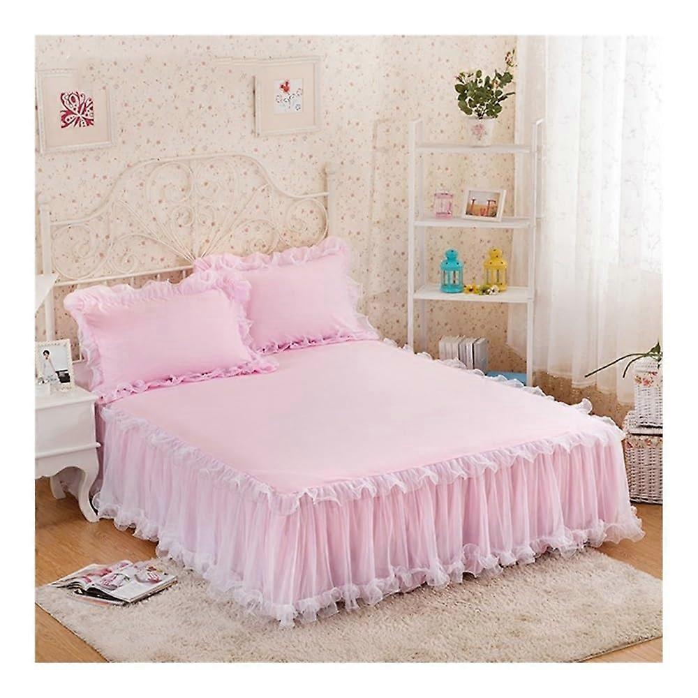 Bedspread Rose Lace Lotus Leaf Pattern, Princess Style, Solid Pink, 150x200 cm, 1 Piece, Non-Slip Sheets Included