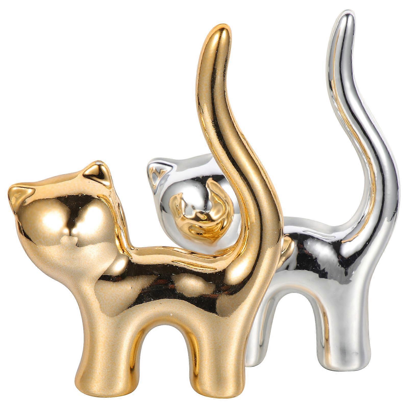 2pcs Cat Ceramic Ring Holder Jewelry Stand for Stable Ring Display with Flat Base for Organizing and Showcasing Style