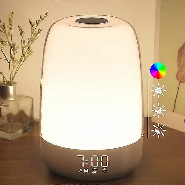 일출 시뮬레이션 알람 시계가 있는 깨우기 야간 조명, 3방향 밝기 조절이 가능한 따뜻한 흰색 침대 옆 램프