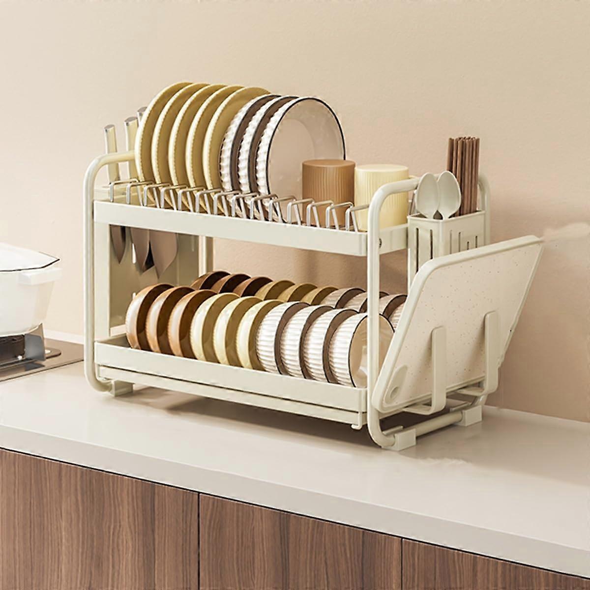 Dish Drying Rack 2-Tier Removable Silverware Holder And Cutting Board Holder Beige Stainless Plate Stand Narrow Spaces