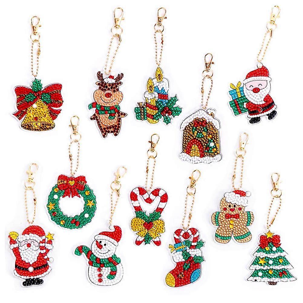 12Pcs DIY Christmas Theme Pebble Paintings Keychain Pendant Handmade Full Drill Santa Claus Embroidery Diamond Ornaments Christmas Gift