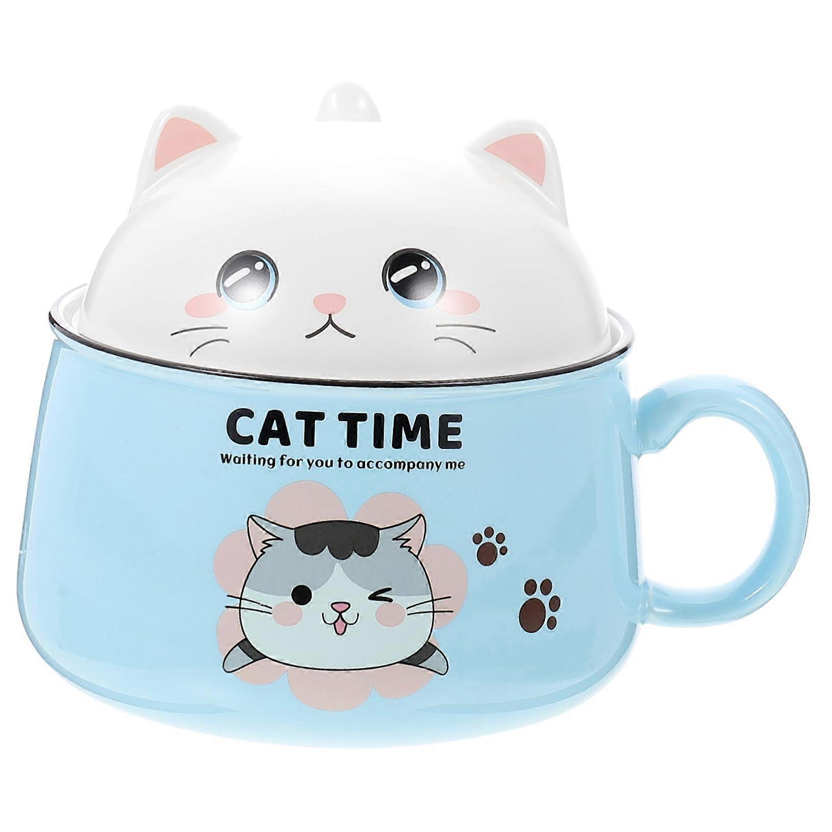 Cute Cat Ceramic Bowl With Handle, 1020ml Capacity, Non-Slip Bottom, For Instant Noodles And Soups