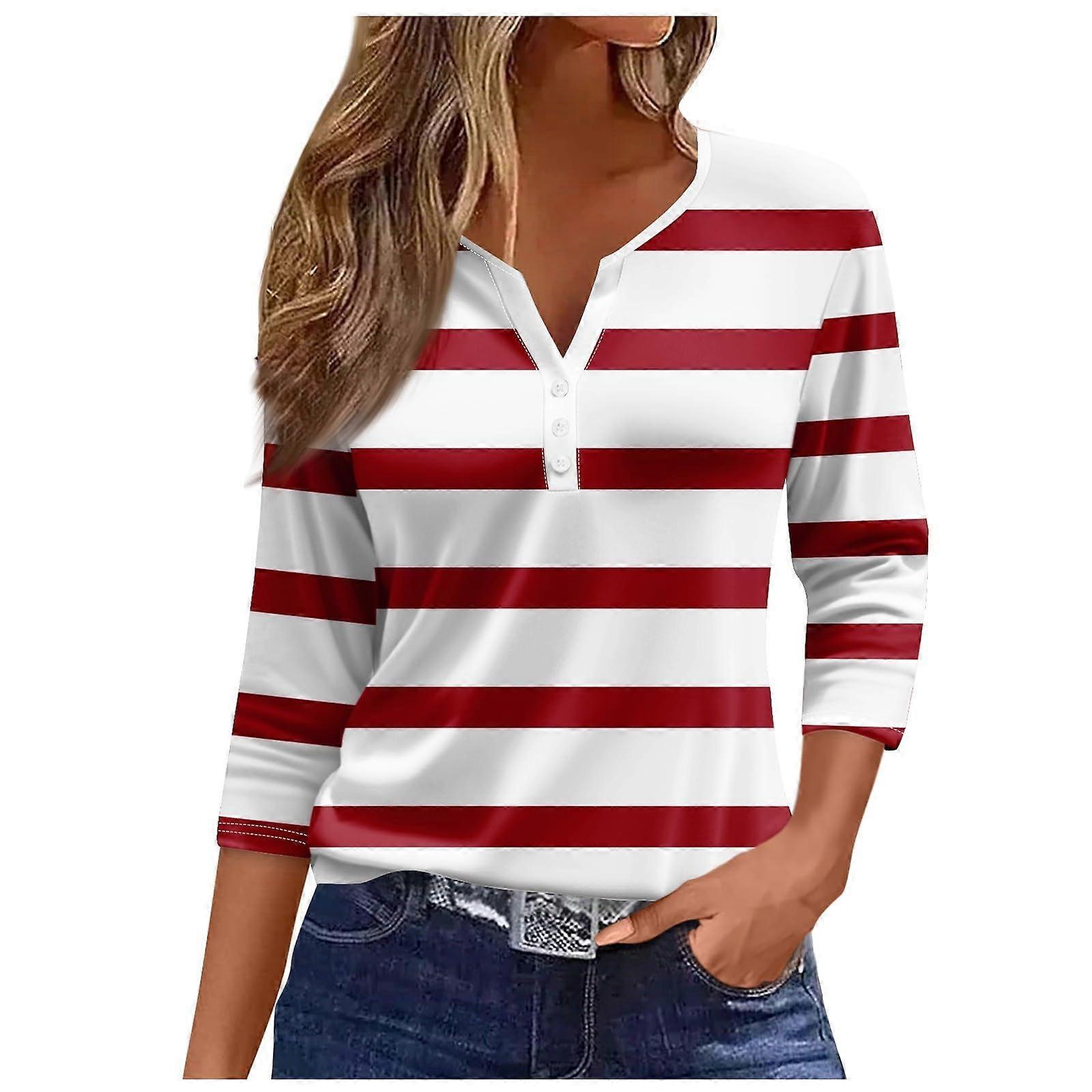 Women's 3/4 Sleeve VNeck Striped  Blouse Wine