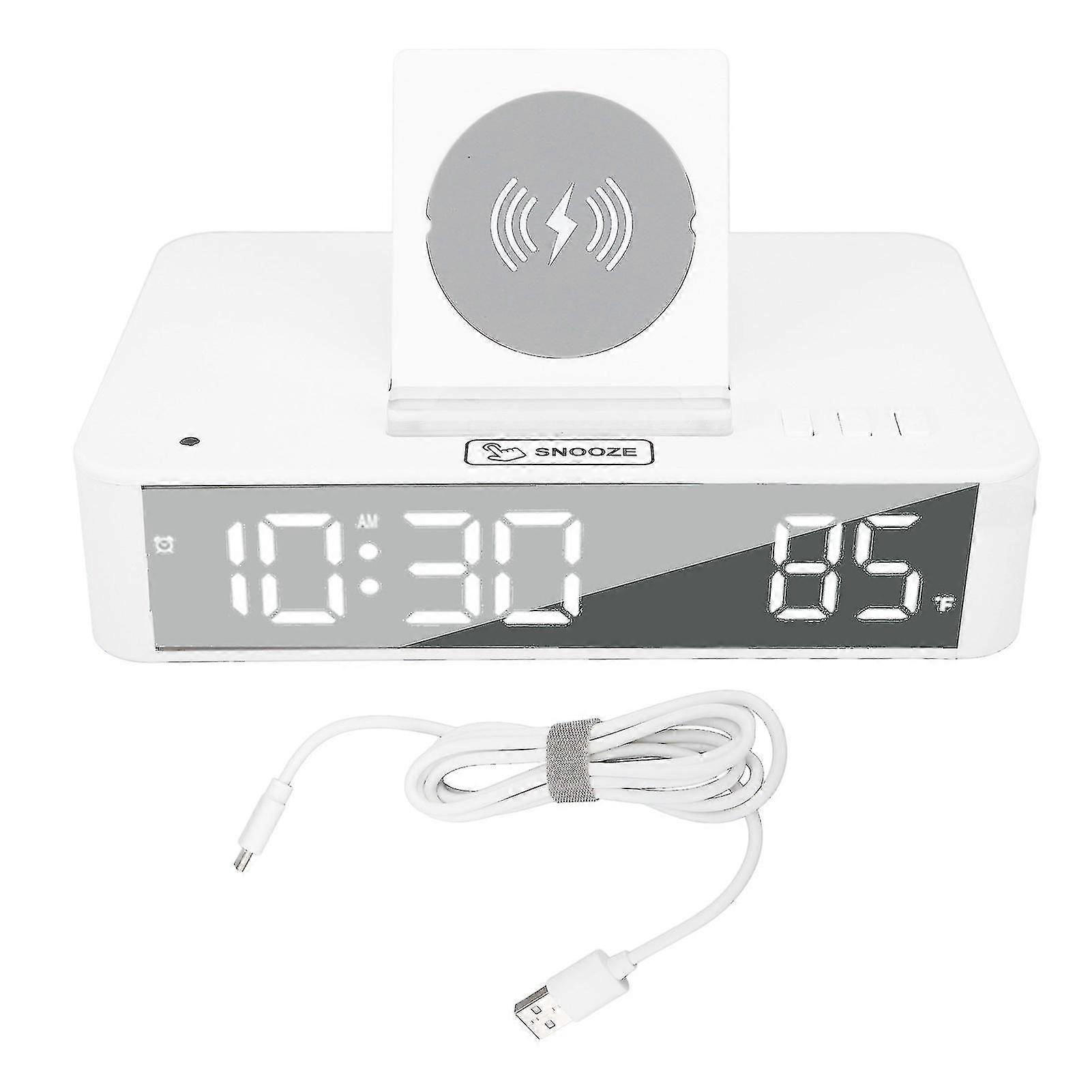 Wireless Charging Alarm Clock 10W LED Display Mirror Clock with Snooze Function Built-in Battery USB Interface Modern Whit