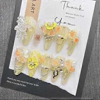 Yellow Glitter Press on Nails Long Handmade False Nails