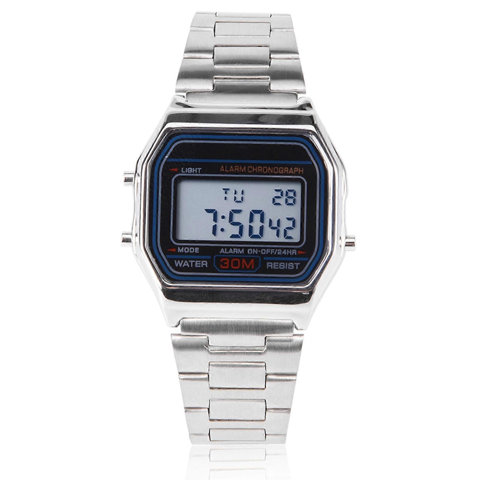 Digital LED Backlight Stainless Steel Strap Watch 33x36mm Silver