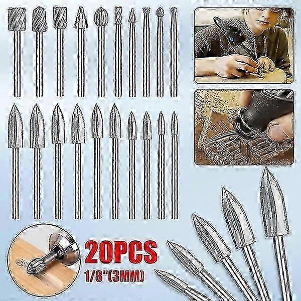 مجموعة مثقاب نقش نحت الخشب ل Dremel - 20 قطعة ، نتوءات دوارة كربيد HSS ، أحجام مختلفة ، متوافقة مع الأدوات الدوارة