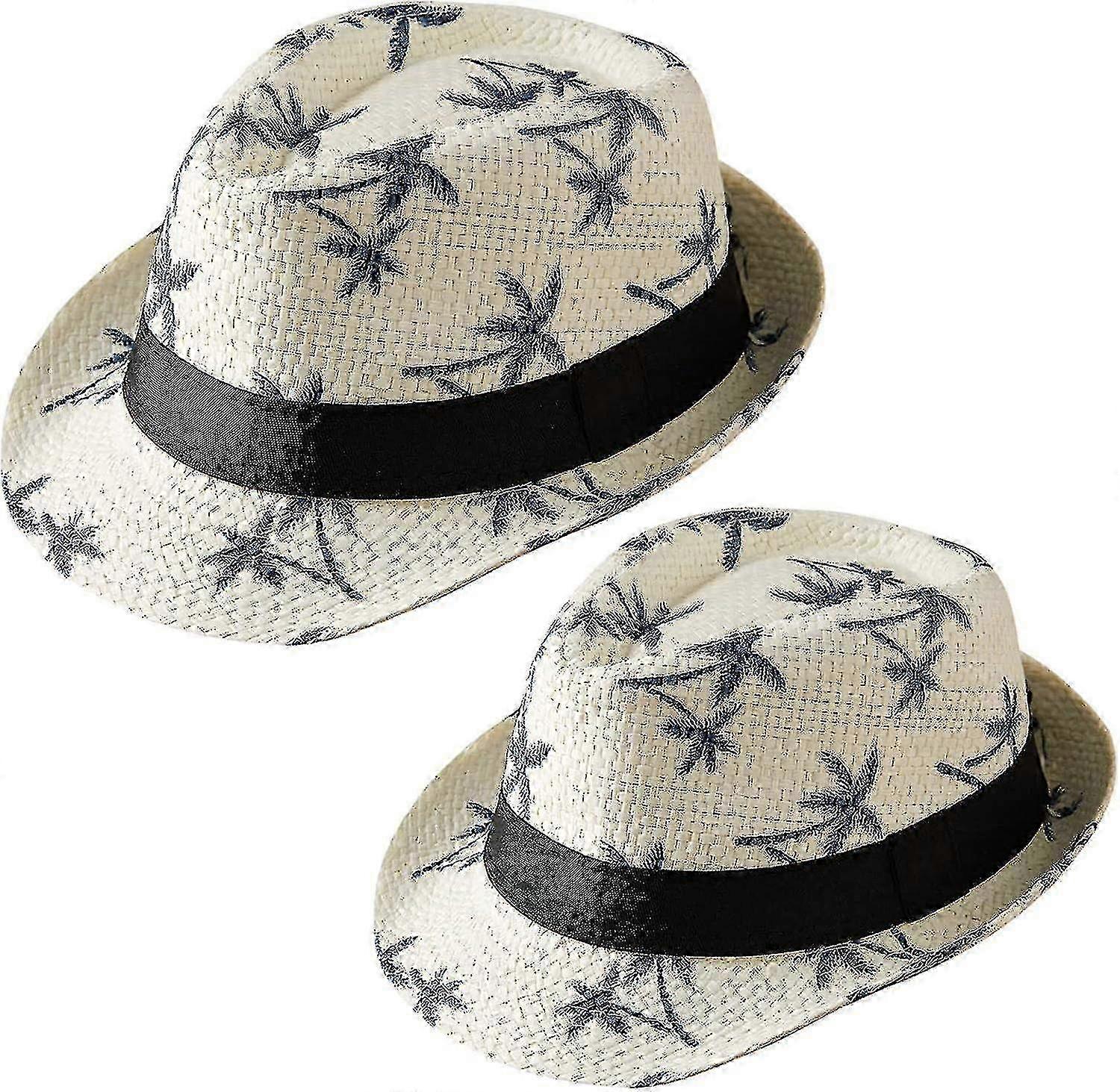2pcs Family Matching Straw Hats Hawaiian Sun Hat Tree Print Parent-child Beach Roll Up Cap For Women