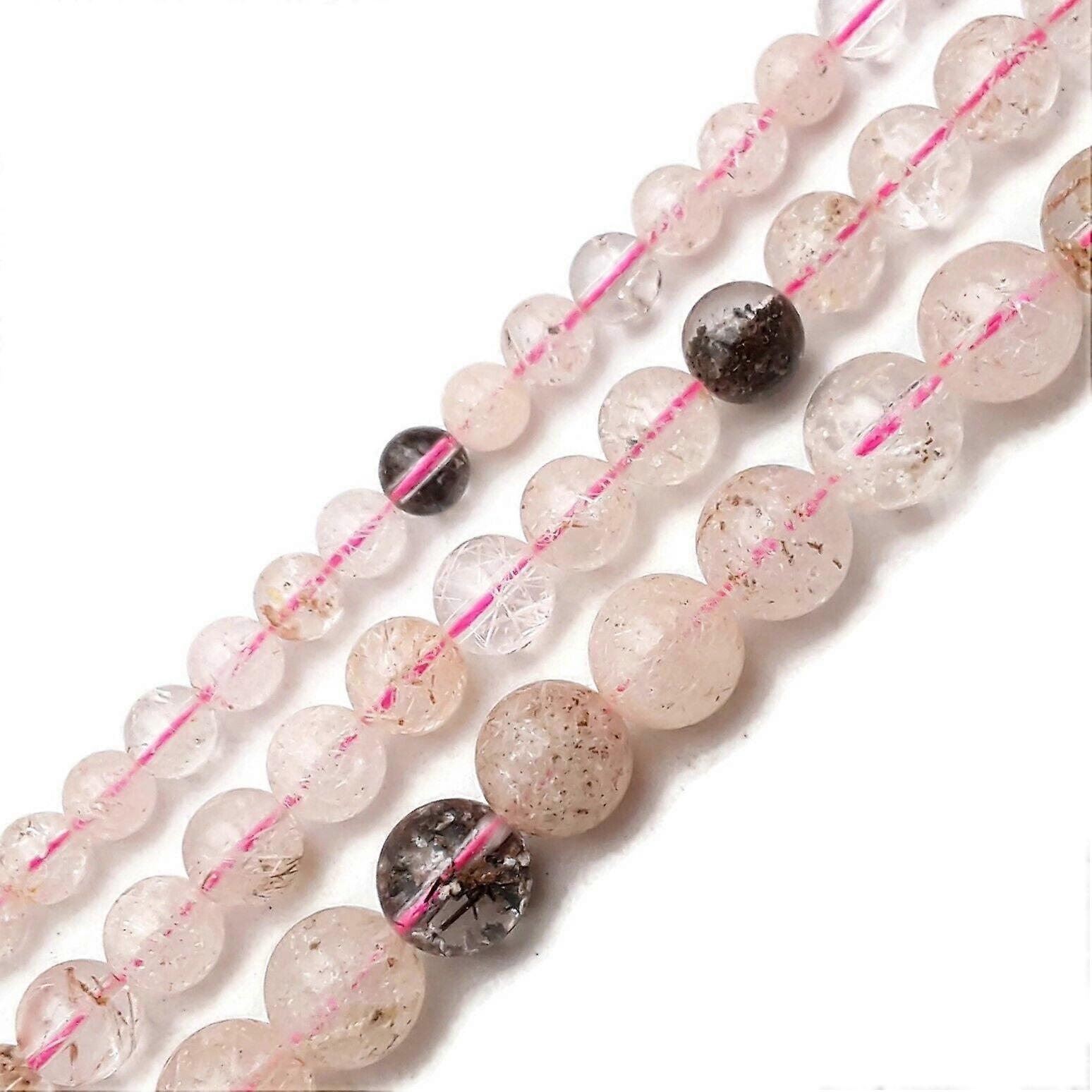 Translucent Pink Rutilated Quartz Smooth Round Beads 6/8/10mm 15.5" Strand