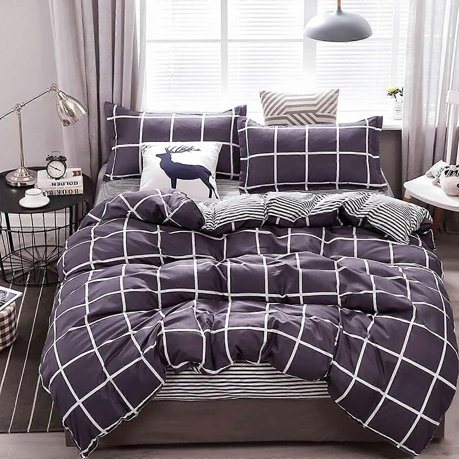 4 Piece Queen Comforter Set, Plaid Black White Grid Geometric Quilt Set, Soft Lightweight Down Alternative (Purple)