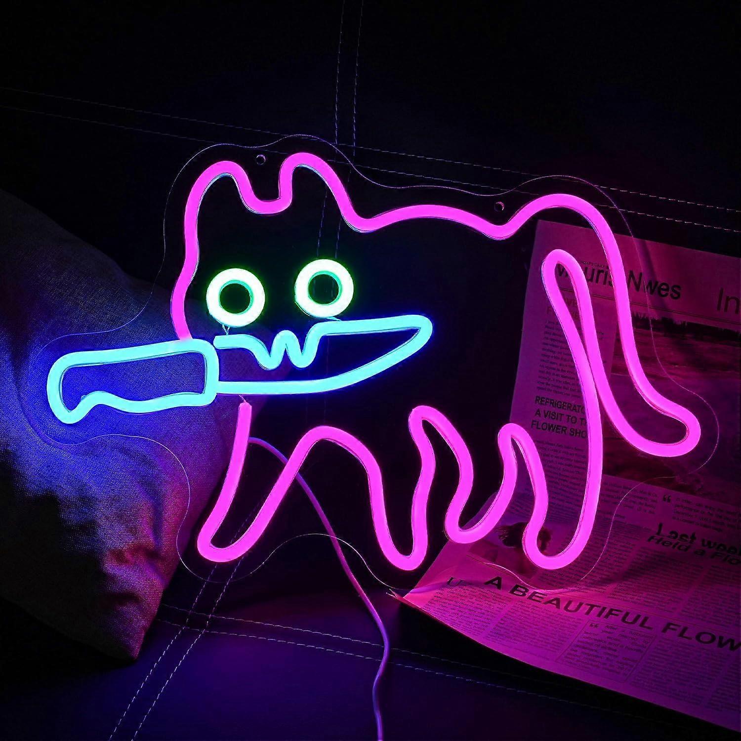 Cat with Knife Neon Sign, LED Cat Neon Sign For Wall Decor, Cute Sneaky Cat Neon Light For Bedroom, Cat Cafe Home Decor