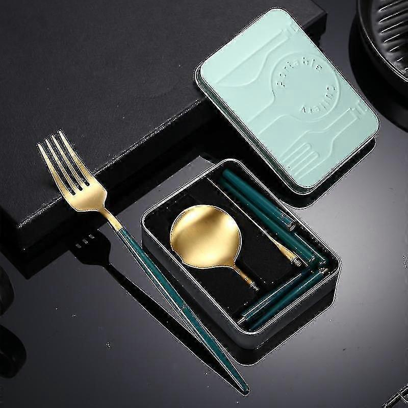 再利用可能で持ち運び可能なステンレス製の旅行用カトラリー、収納ボックス付きの折りたたみ式カトラリー、キャンプ、ピクニック、オフィス、旅行、ダークグリーンに適しています-YUHA