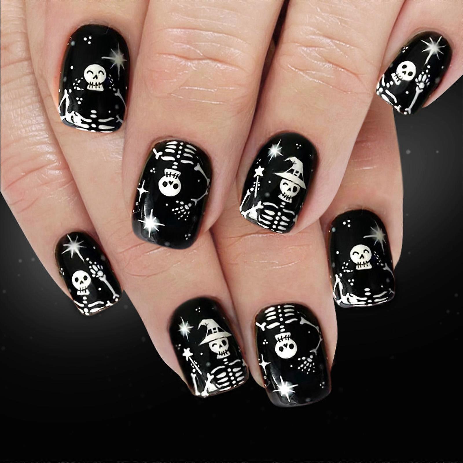 24PCS Reusable Press On Nail Halloween Theme Featuring Spooky Cobweb Skull Patterns And Comfortable ABS Multicolor