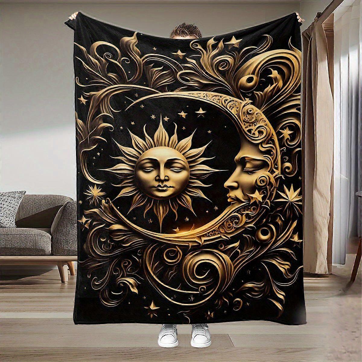 Sun and Moon Celestial Print Flannel Blanket - 100% Polyester, Lightweight & Soft, All-Season Cozy Throw for Bed, Sofa, -dfghj177