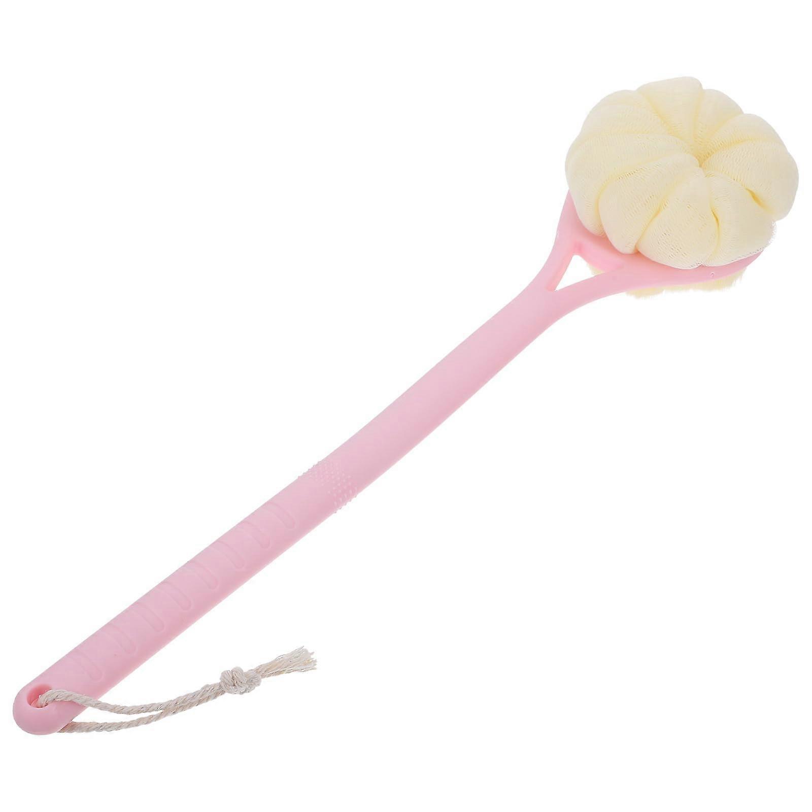 Bath Back Scrubber with Long Handle and Soft Bristles for Exfoliating and Massaging Pink Mesh Pouf