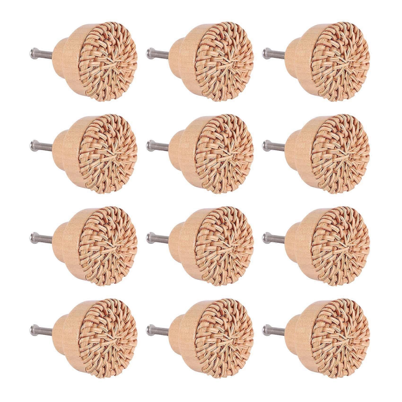 12 Pieces 35mm Boho Dresser Knobs Rattan Knobs with Screws,Nature