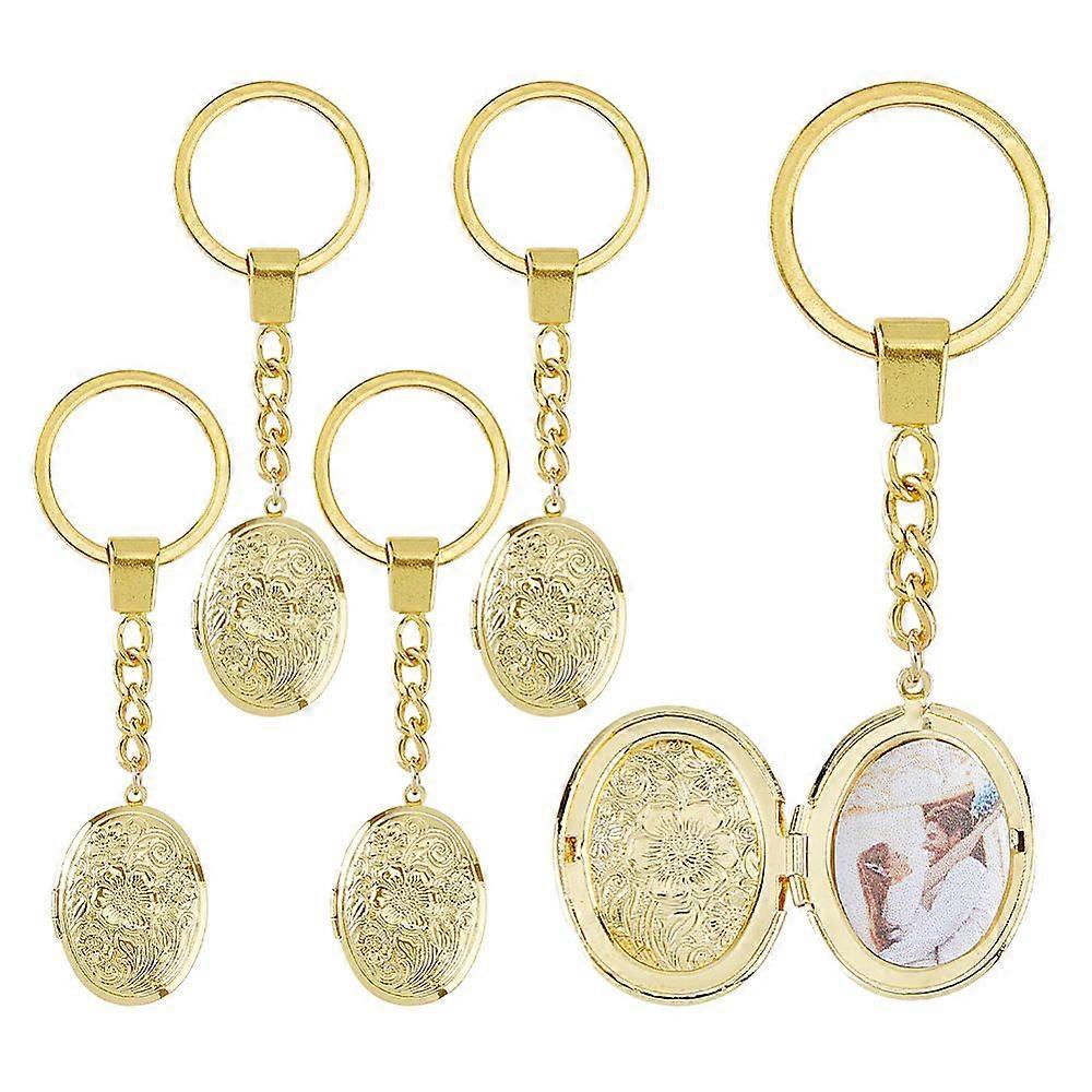 5Pcs Locket Keychains Brass Memory Photo Locket Keychain Oval Flower Locket Keychains for Bag Hat Key