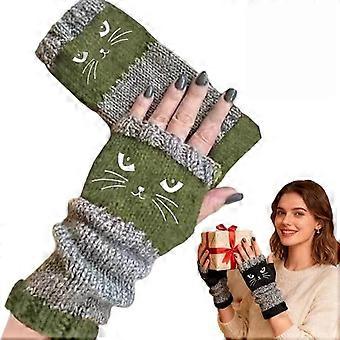 Gebreide vingerloze handschoenen voor dames, met een vintage breipatroon en schattige kattenborduursels, speciaal ontworpen voor vrouwen.