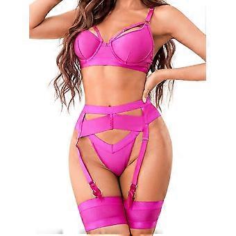 Bielizna do pończoch dla kobiet, seksowna koronkowa bielizna, przezroczysty pasujący 4-częściowy zestaw bielizny Hot Pinkq