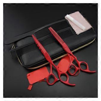 Professional Hair Cutting Scissors Set Red with Thinning Shears and Bag, Ergonomic and Precise Blades