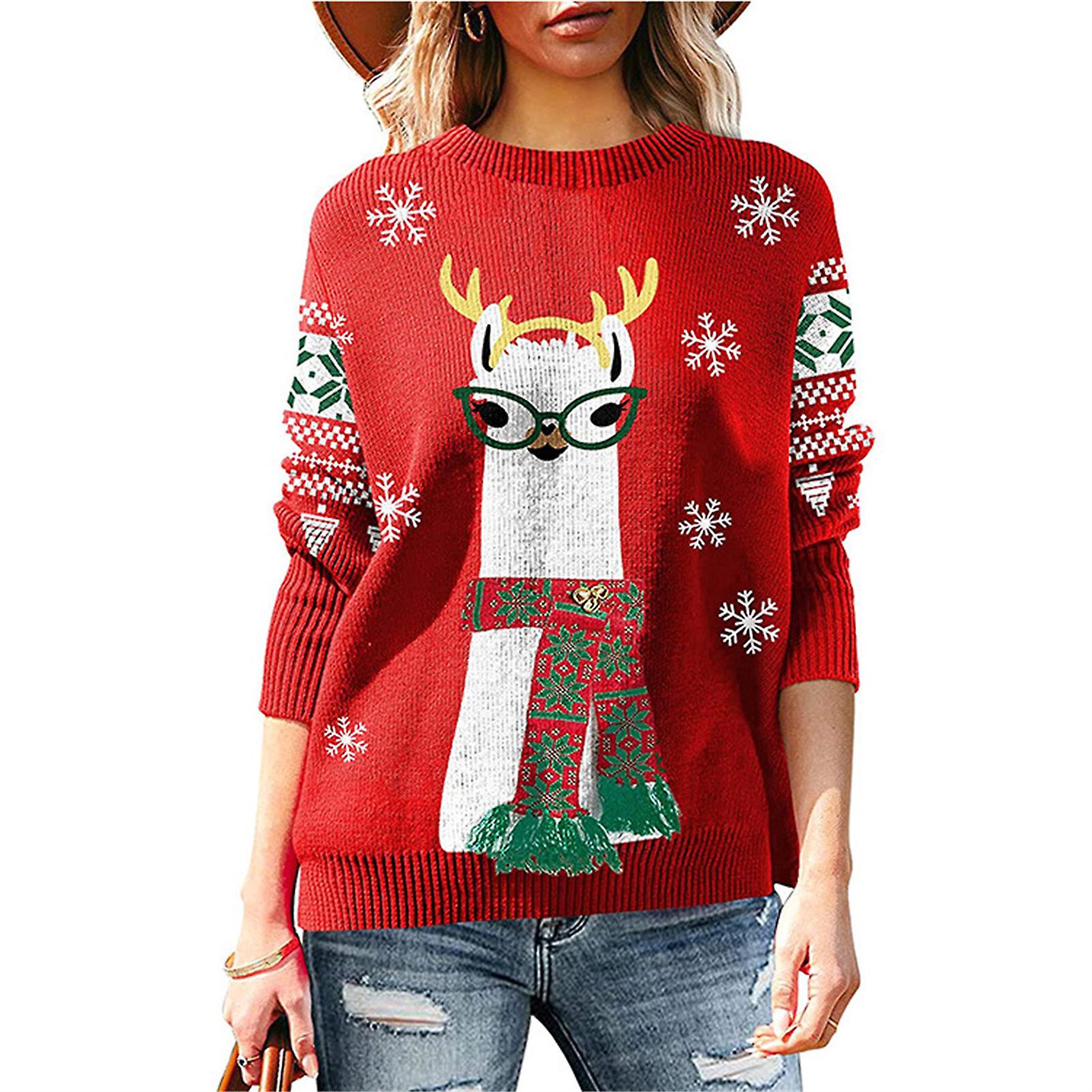 Frauen Weihnachtspullover Warmer Weihnachtsbaum Hirschmuster Pullover Strickpullover