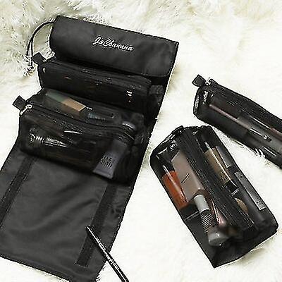 女性の化粧品バッグ折りたたみ式旅行主催者ハンギングナイロンメッシュ分離可能なトイレタリーポーチロープ収納メイクアップバッグ