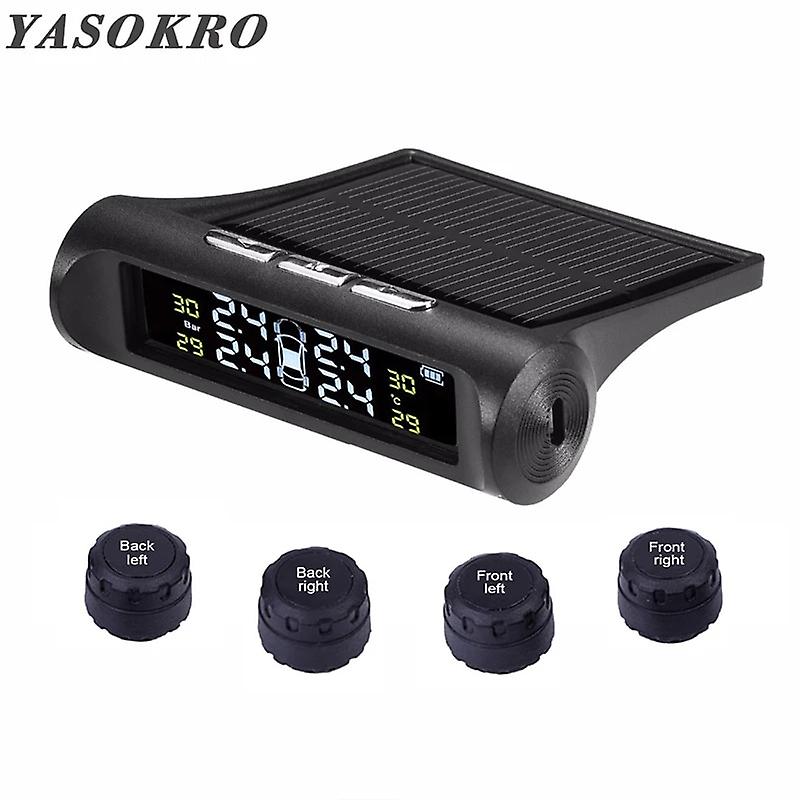 Yasokro Car Tpms Tire Pressure Alarm Monitor System Solar Charging Lcd Display 4 External Sensor Temperature Sensor