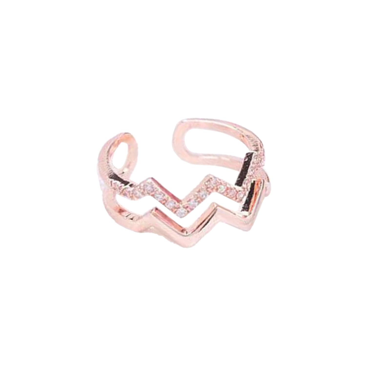 Rose Gold Heartbeat Wave Ring with Tiny CZ Stones, Double Layer Design