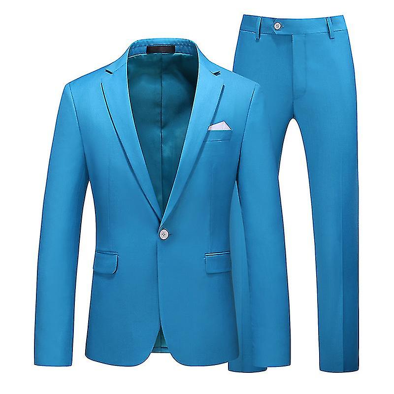 Men's 2 Piece Suit Slim Fit 1 Button Solid Formal Wedding Tux Blazer Pants Blue