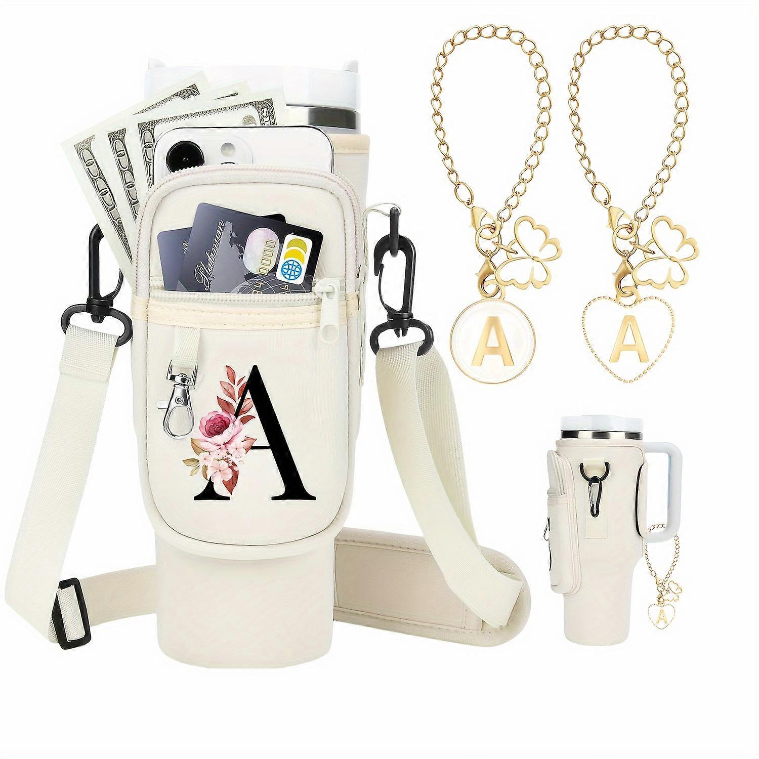 Initial Letter Printed Water Bottle Carrying Bag, With 2pcs Butterfly Charm Chains, For Stanley 40oz Tumbler