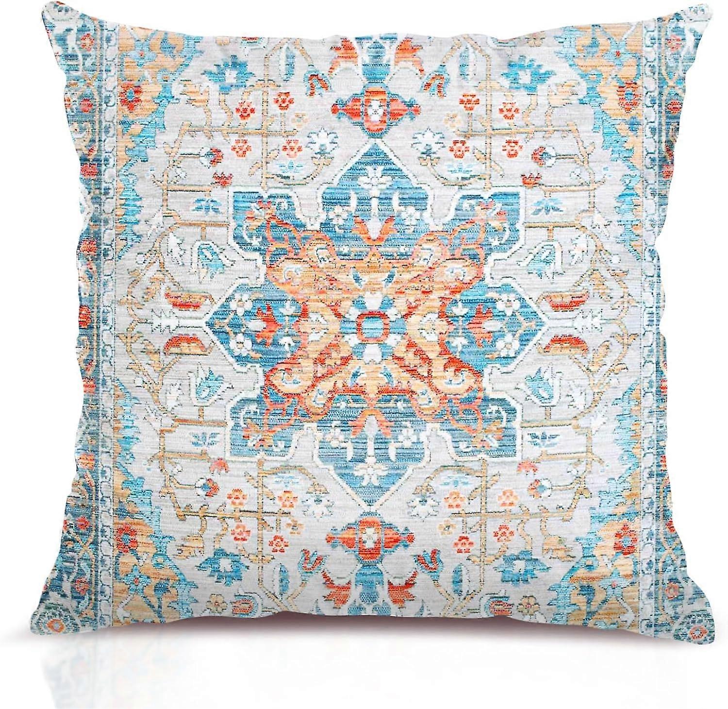 Boho Blue Orange Throw Pillow Covers 18x18 inch, Bohemian Carpet Double Sided Pattern Soft Plush Cushion Cover for Couch Sofa Bed Decorative, Only Pil