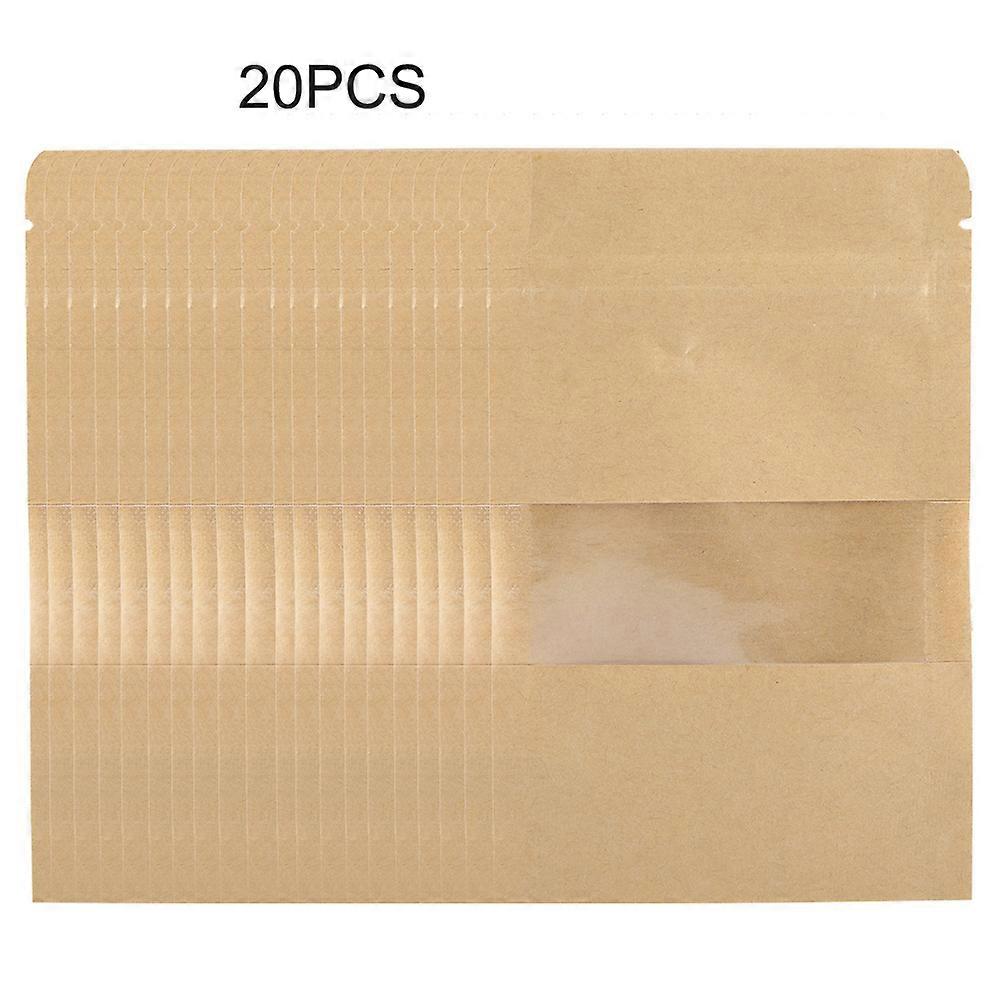 20stk Kraft Papir Pose Pose Stand Up Kaffe Mad Lynlås Emballage m / vindue 14 * 20CM