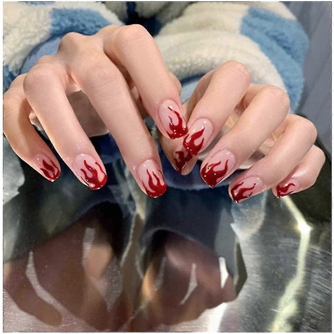 24pcs Coffin Flame False Nails Acrylic Press On Nails, Flame False Nails Fu