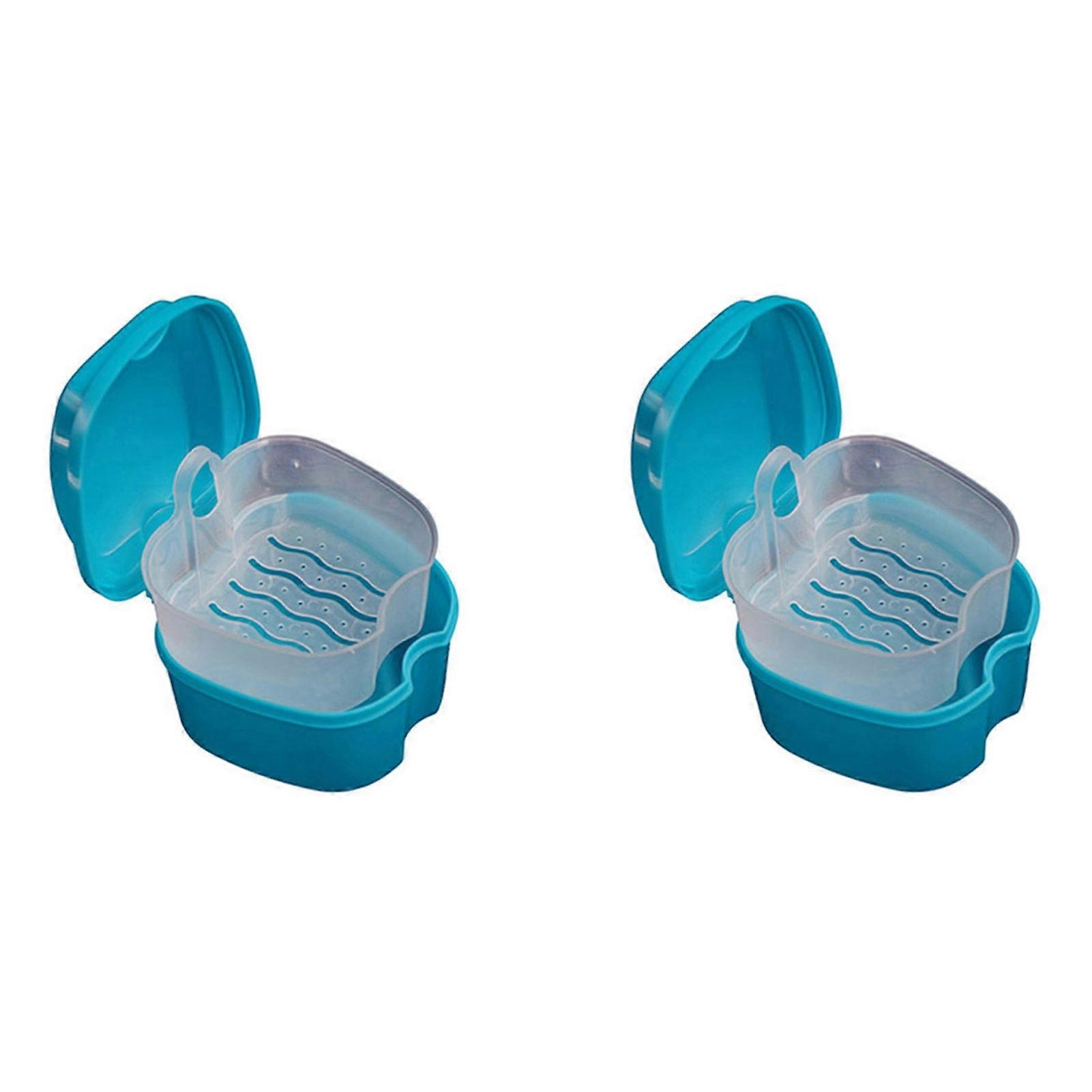2Pcs Denture Box Hanging Inner Net Dust-proof Lid Drain Design Harmless Storage Mini Style Health Oral Care Denture Case Travel Accessory KAESI