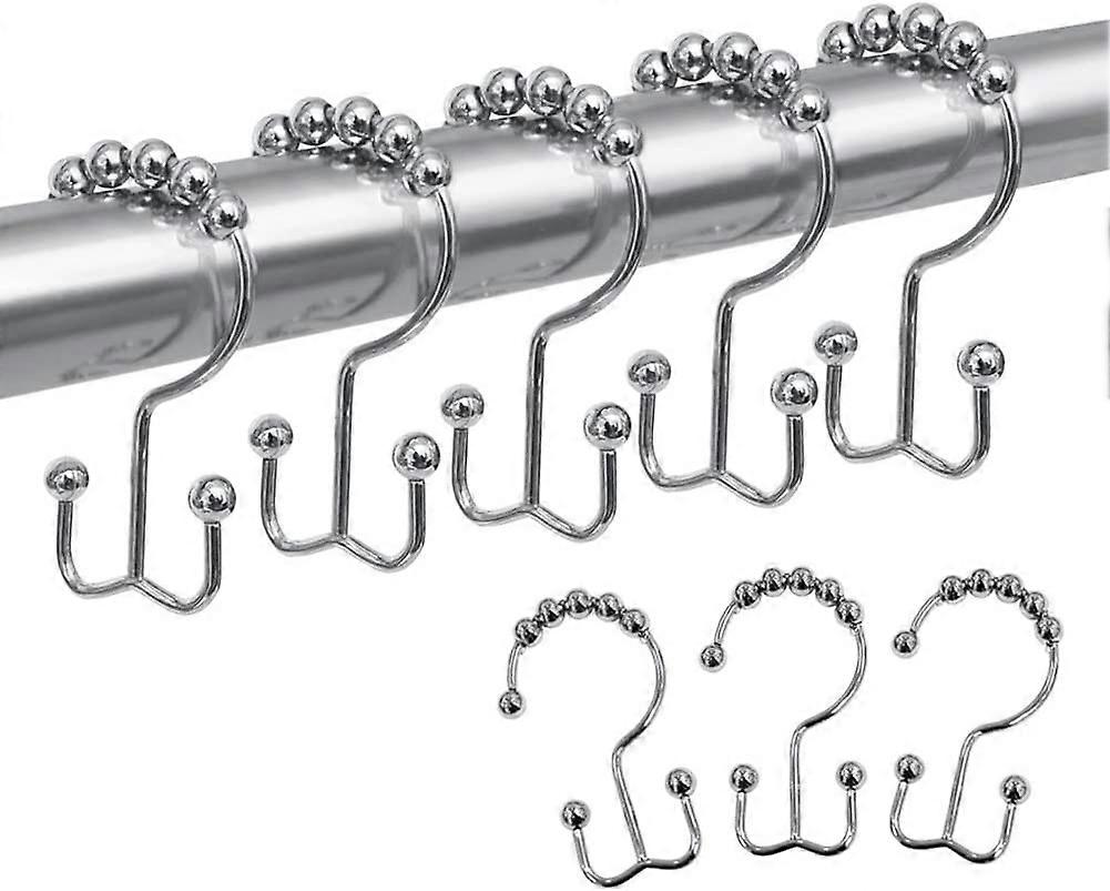 12 Pcs Shower Curtain Rings Hooks Roller Balls(Silver)