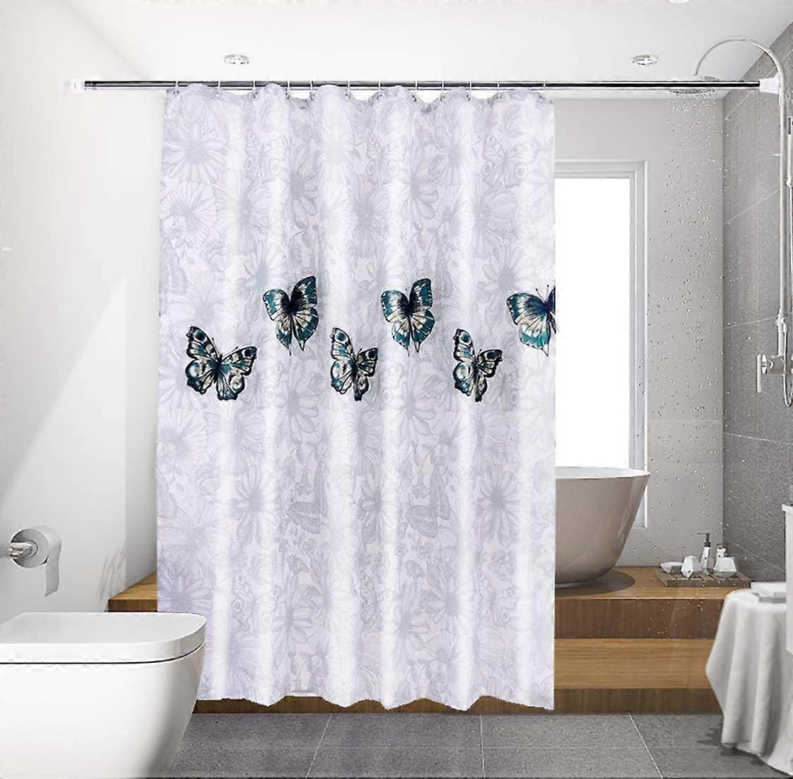 Waterproof Polyester Shower Curtain, Shower Curtain with 12 Hooks, Butterfly Flowers Pattern Mildew Proof Washable Bath Curtain for Bathtub Bathroom