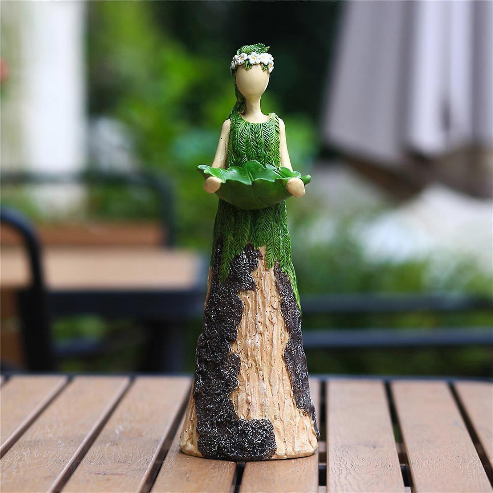 Outdoor Garden Fern Angel Girl Fairy Statuary with Bird Feeder Resin Ornament 11 inches Tall