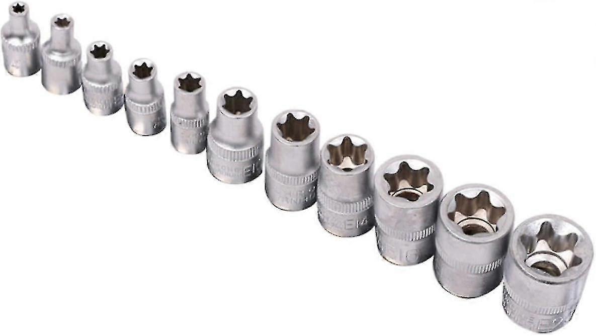 11 piezas Torx Socket Set E4 - E20 - Hex Interior - Torx External Rail - 1/4in, 3/8in, Plata