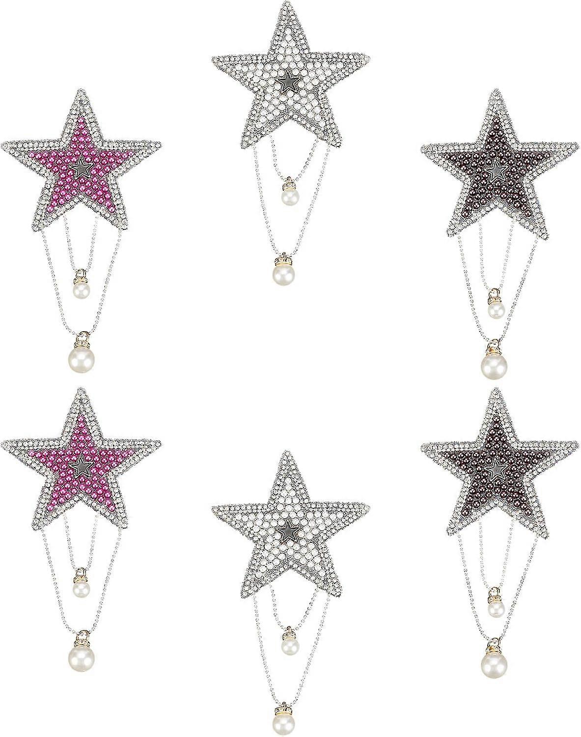 6 Pcs 3 Colors Pentagram Rhinestone Patches Glitter Iron on Patches Star Shape Epaulets Shoulder Patches with Imitation Pearl and Dangling Pendant for
