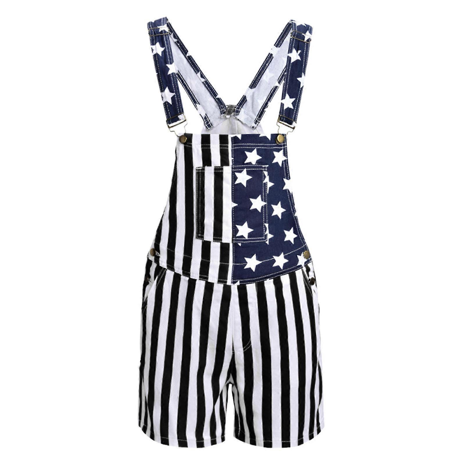 Yishu New American Flag Overalls Denim Bib Shorts for menn Kvinner Justerbar stropp