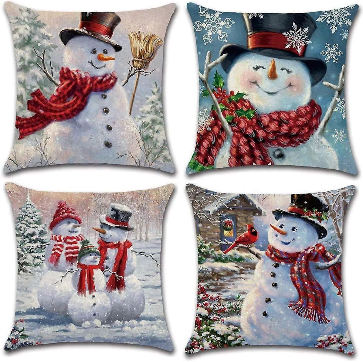 Decorative Pillow Covers 4 Pieces Linen Cotton Blend Snowman Pattern