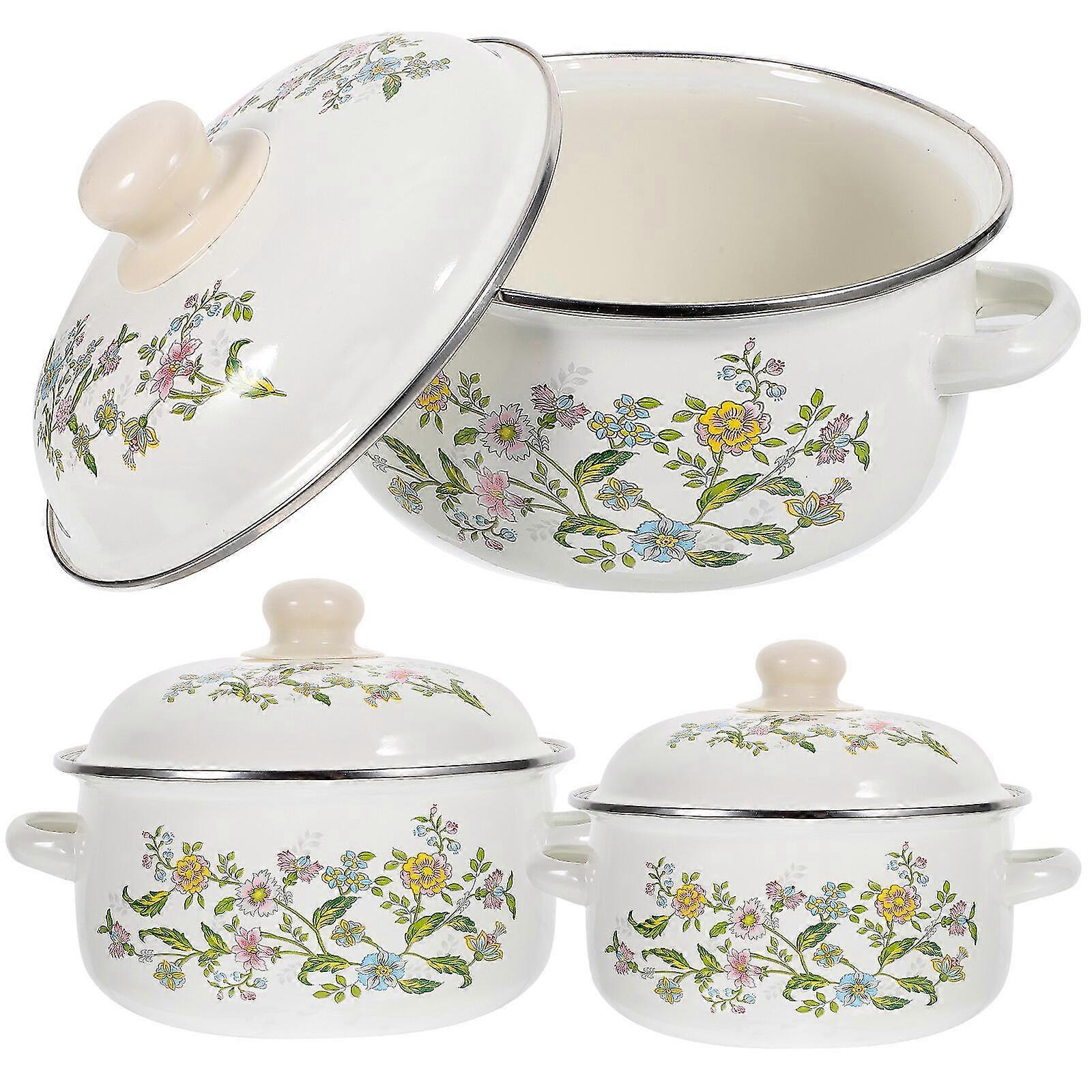 3 stks Kookpotten Set Voorraadpotten Platte Bodem Soeppan Emaille Kookpot Soeppot