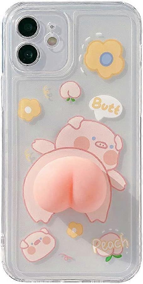 Phone Case for iPhone 11, Funny Novelty Waving 3D Squeezable Peach Butt Piggy Pattern Lovely Pig Case Transparent Soft TPU Silicone Rubber Case Help R
